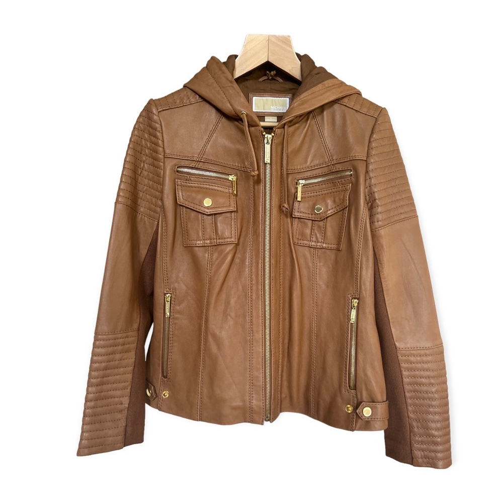 Michael Kors Women’s Brown Leather Hooded Moto Full Zip Jacket, XL - Picture 1 of 10
